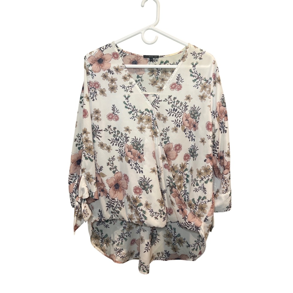West Kei Large Women Floral Surplice V-Neck Tie Sleeve High-Low Blouse Cream